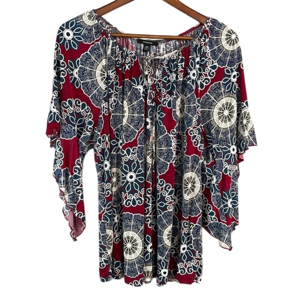 Espresso Asymmetrical Blue and Red Blouse 3/4 Sleeve - Picture 1 of 11